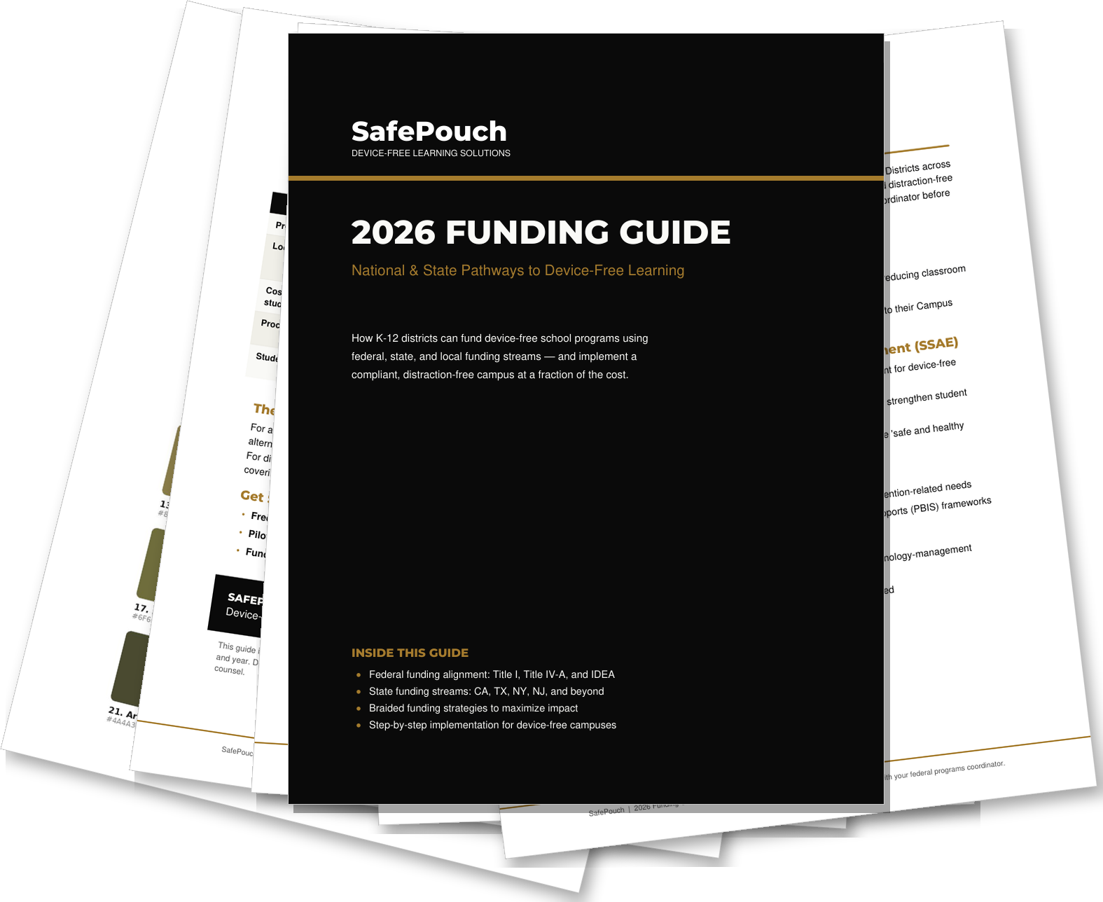 Preview of the SafePouch 2026 Funding Guide — branded cover and inside pages